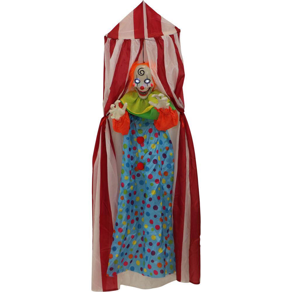 Haunted Hill Farm 72 in. Battery Operated Poseable Hanging Clown with Blue LED Eyes Halloween Prop