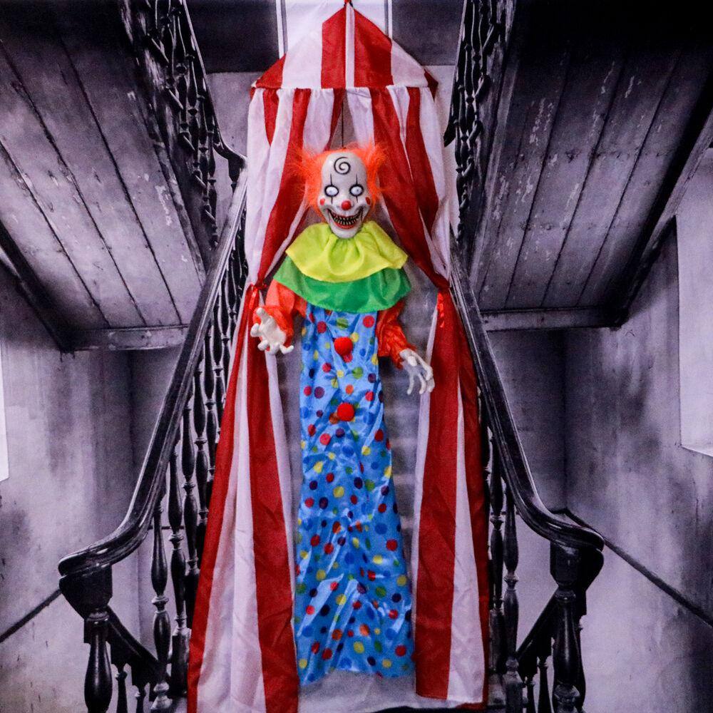 Haunted Hill Farm 72 in. Battery Operated Poseable Hanging Clown with Blue LED Eyes Halloween Prop