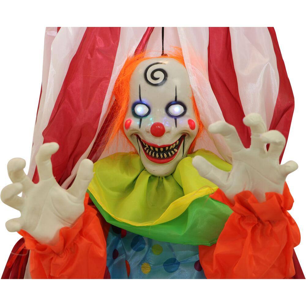 Haunted Hill Farm 72 in. Battery Operated Poseable Hanging Clown with Blue LED Eyes Halloween Prop