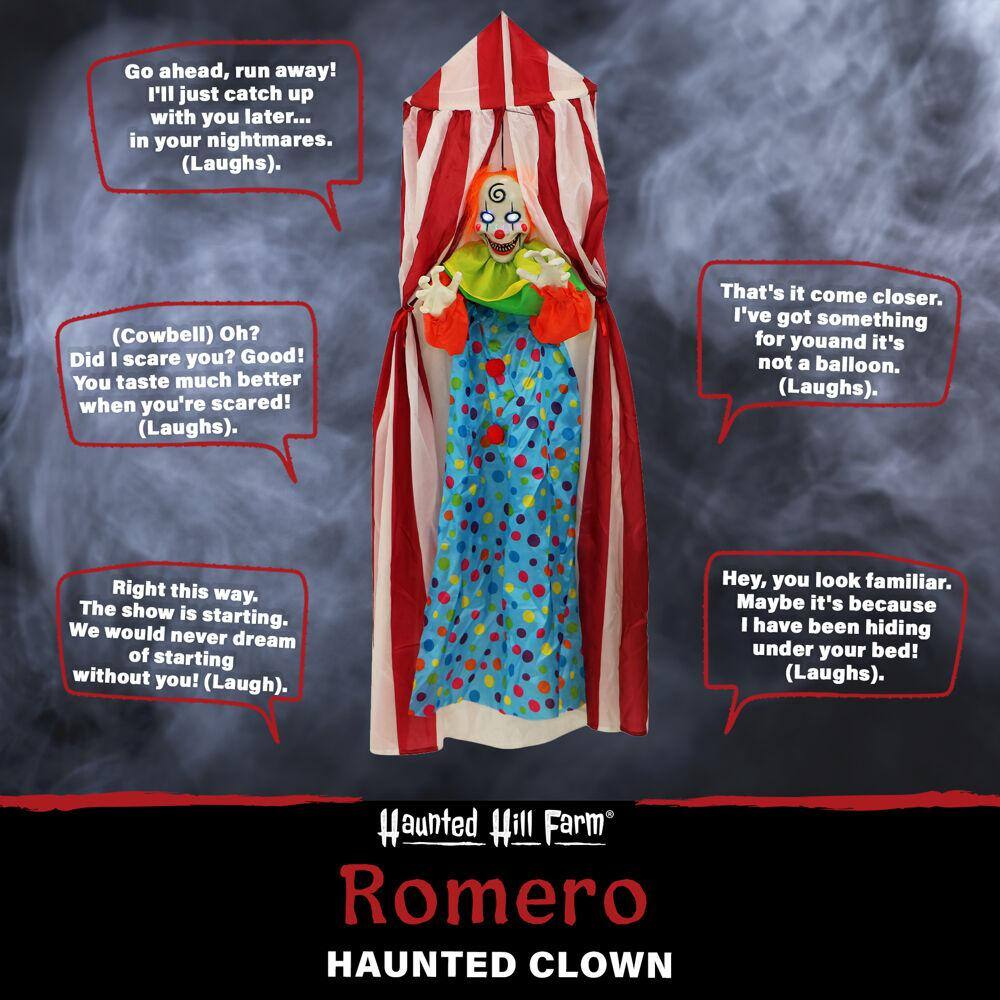 Haunted Hill Farm 72 in. Battery Operated Poseable Hanging Clown with Blue LED Eyes Halloween Prop