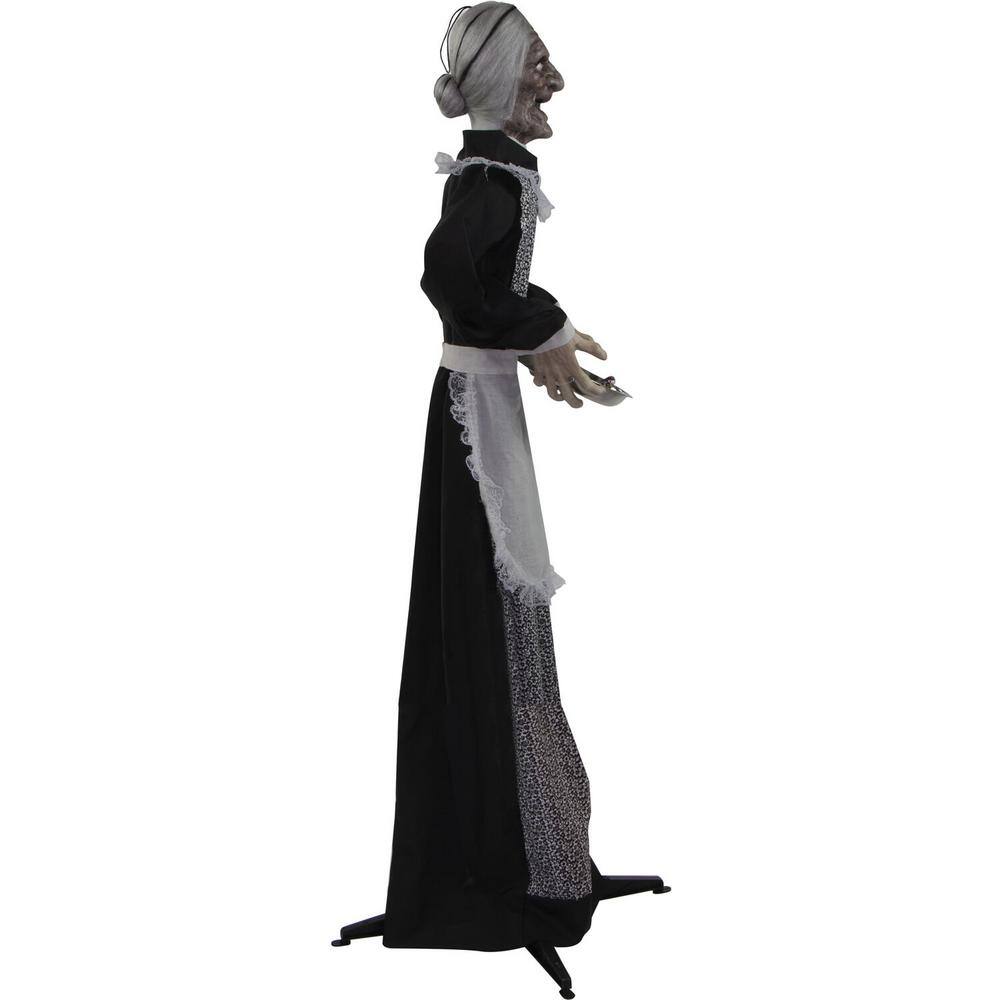 Haunted Hill Farm 5 ft. Emma the Animated Zombie Housemaid Holding a Tray, Indoor or Covered Outdoor Halloween Decoration