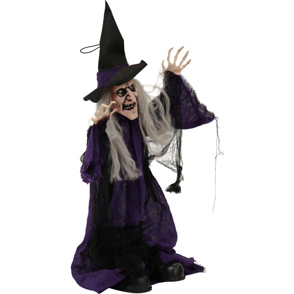 Haunted Hill Farm 27 in. Battery Operated Poseable Animatronic Witch with Red LED Eyes Halloween Prop