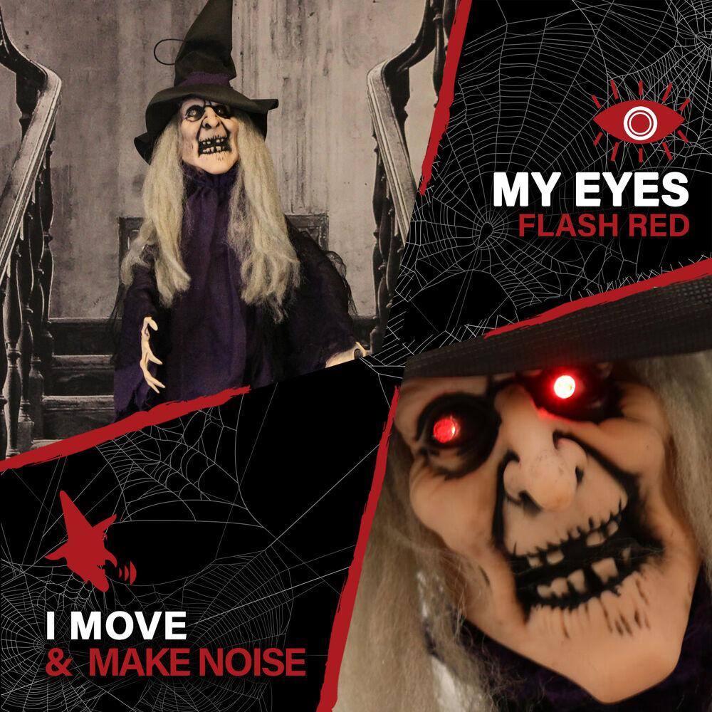 Haunted Hill Farm 27 in. Battery Operated Poseable Animatronic Witch with Red LED Eyes Halloween Prop