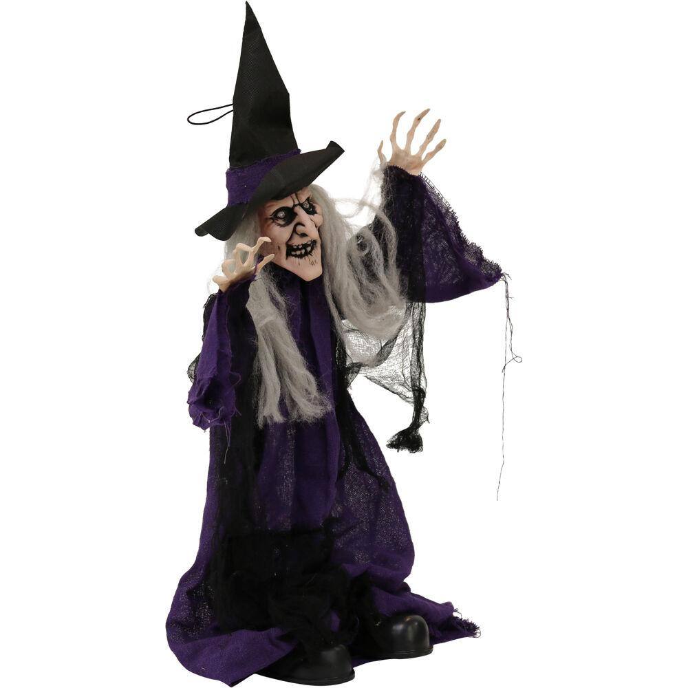 Haunted Hill Farm 27 in. Battery Operated Poseable Animatronic Witch with Red LED Eyes Halloween Prop