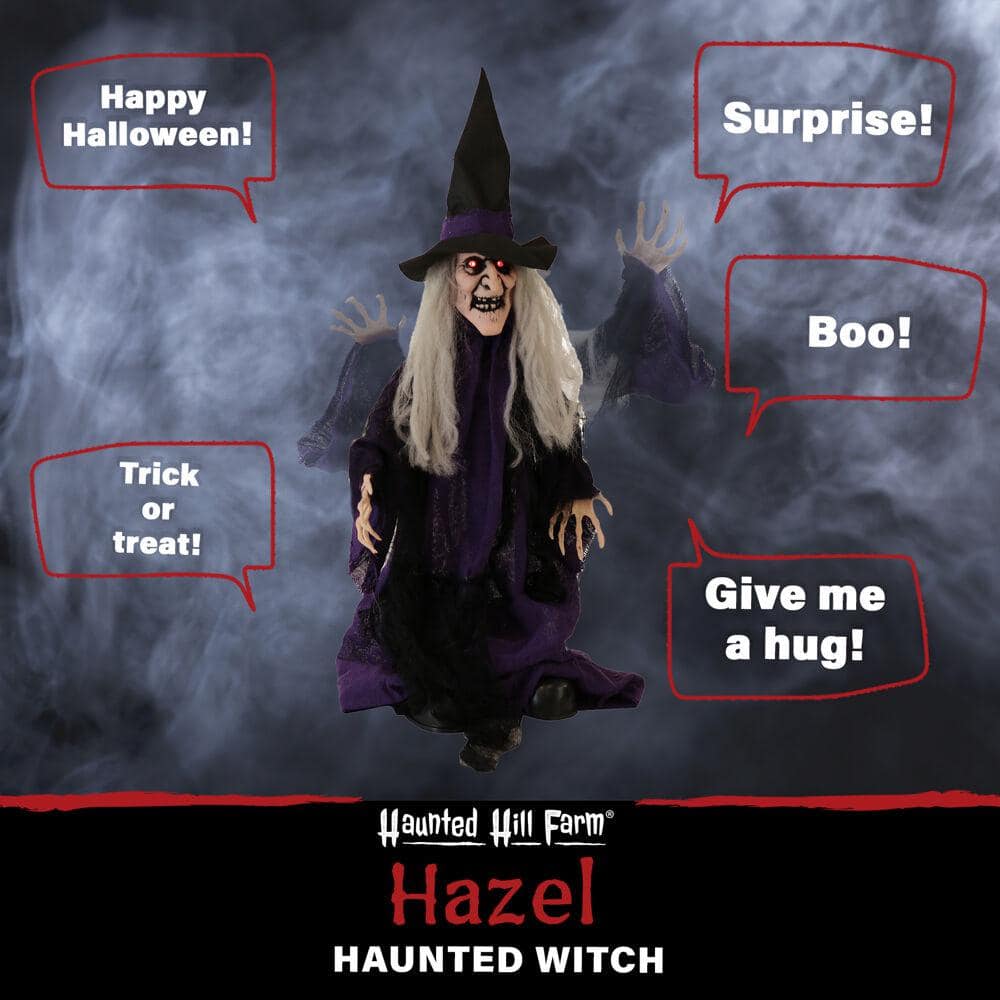 Haunted Hill Farm 27 in. Battery Operated Poseable Animatronic Witch with Red LED Eyes Halloween Prop