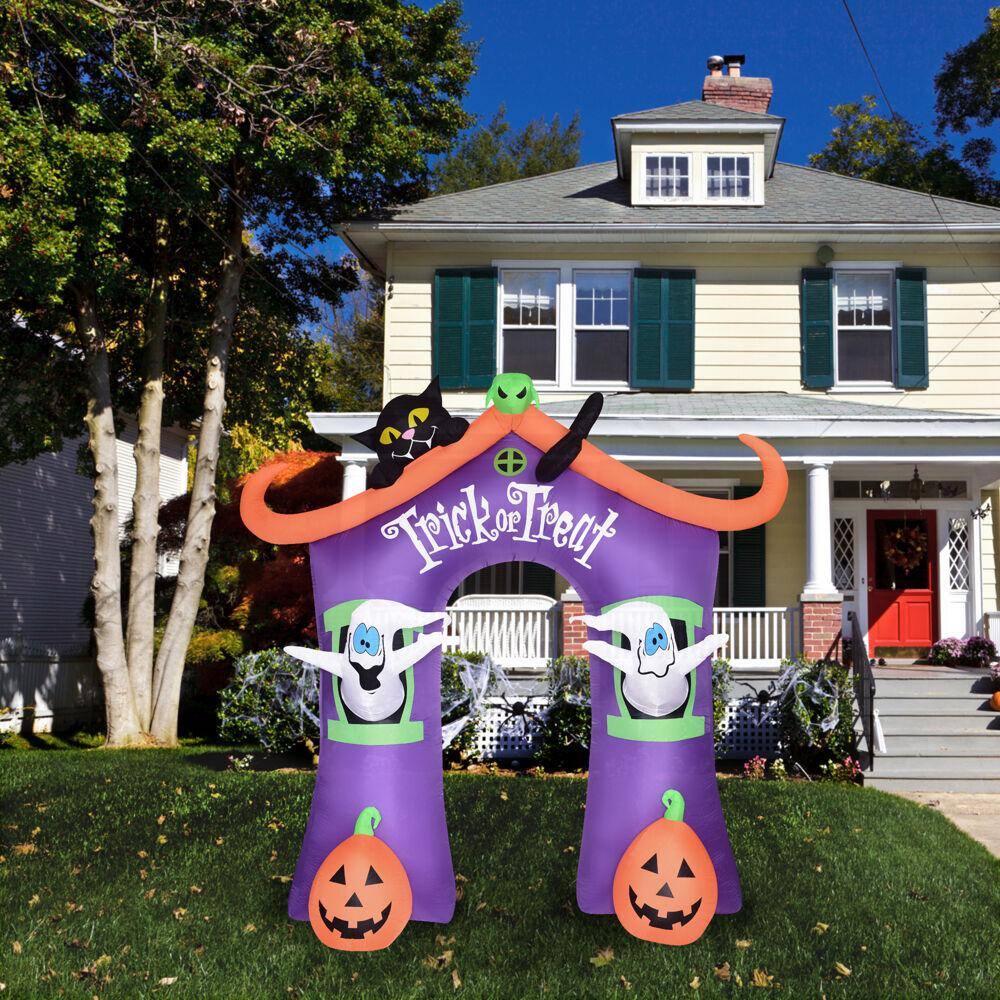Haunted Hill Farm 9 ft. Inflatable Pre-Lit Trick or Treat Walkway Arch with Black Cat, Jack-O-Lantern and Ghost
