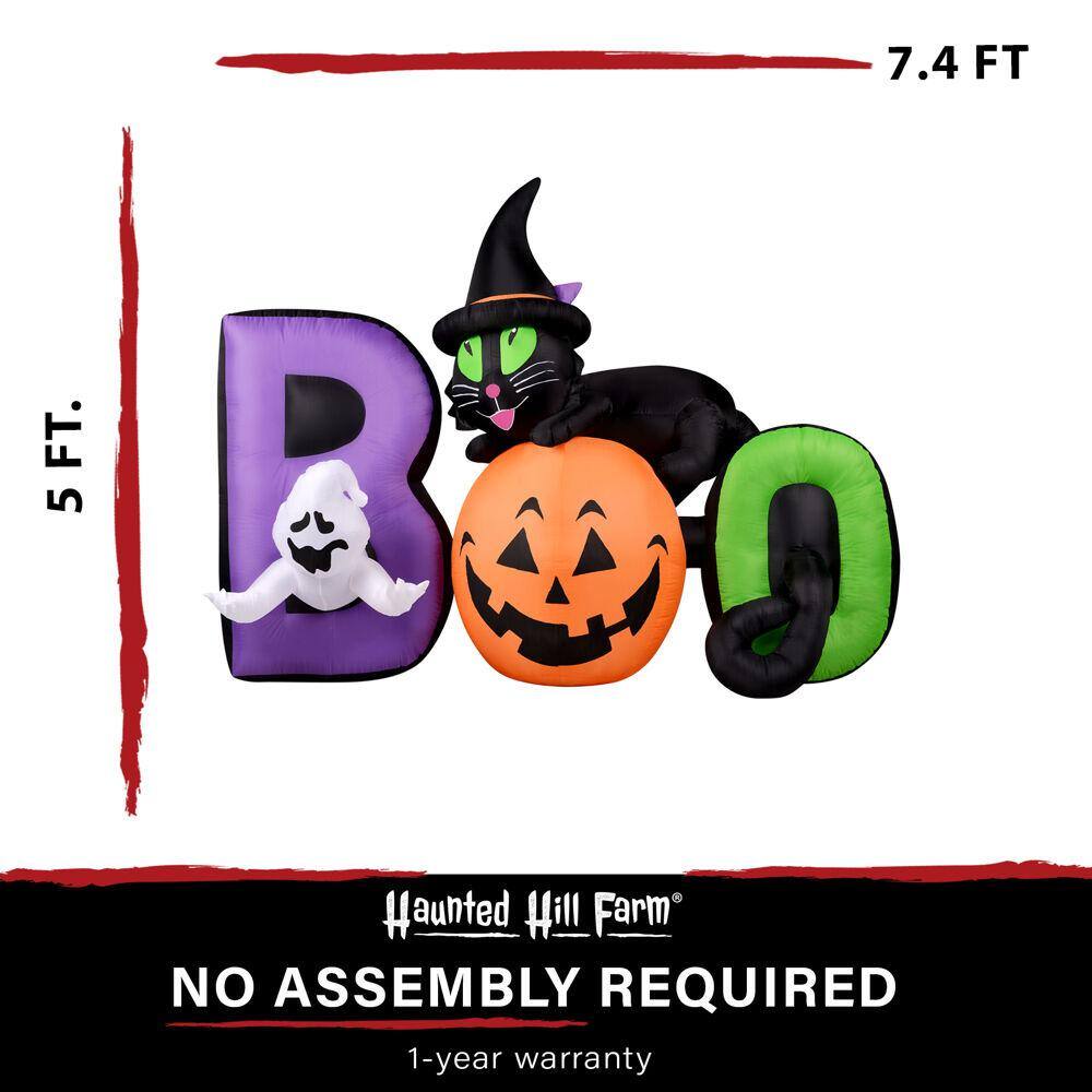 HAUNTED HILL FARM:Haunted Hill Farm 5 ft. Pre-Lit Boo Sign with Black Cat, Jack-O-Lantern and Ghost Halloween Inflatable