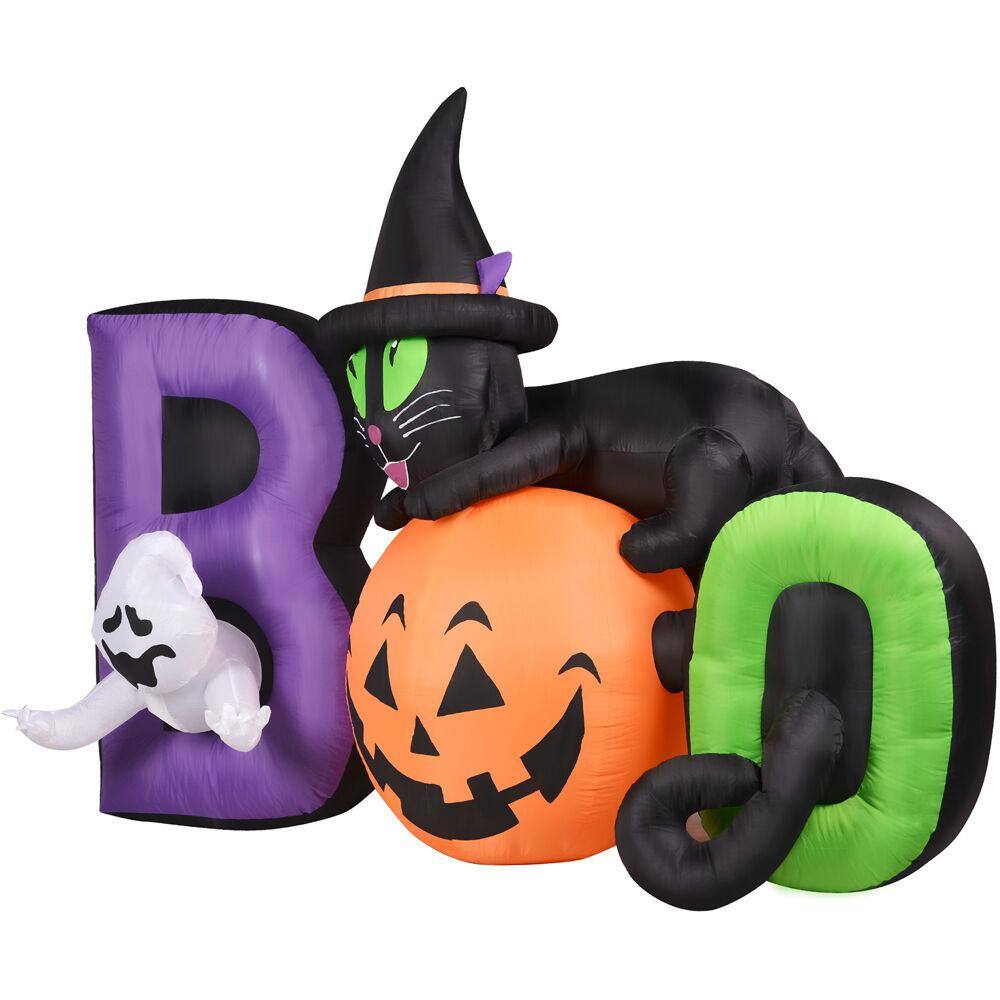 HAUNTED HILL FARM:Haunted Hill Farm 5 ft. Pre-Lit Boo Sign with Black Cat, Jack-O-Lantern and Ghost Halloween Inflatable