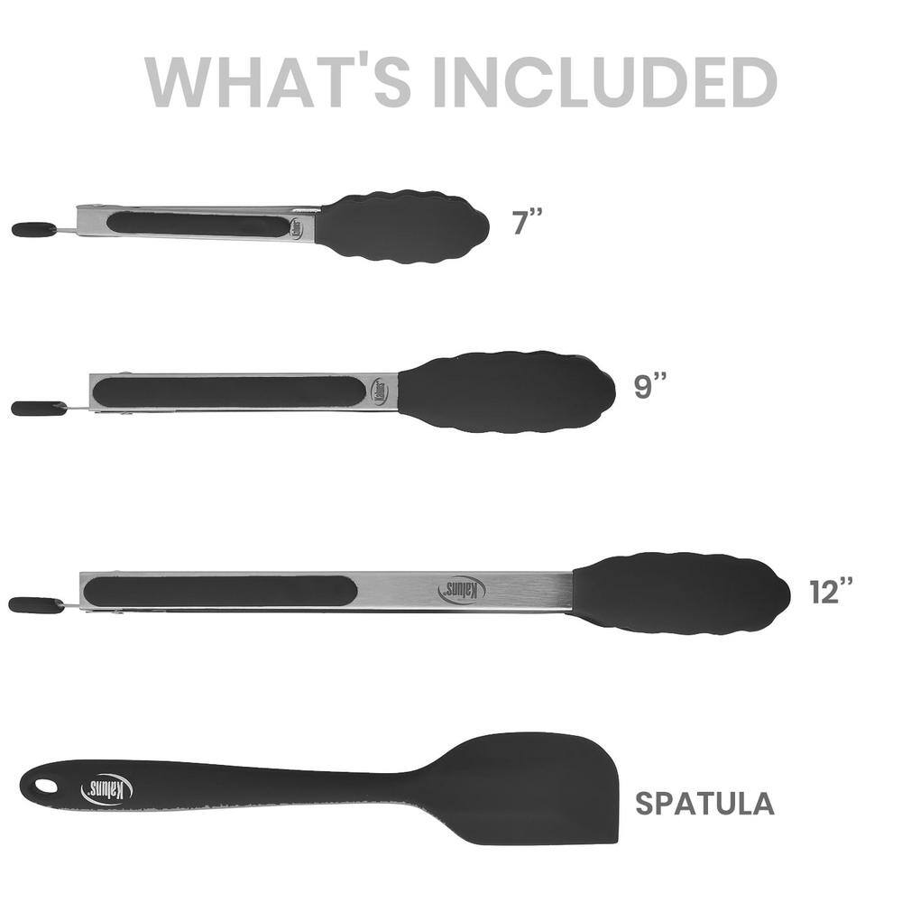 Kaluns Non-Stick Silicone Tip Black Stainless-Steel Tongs and Spatula (Set of 4)