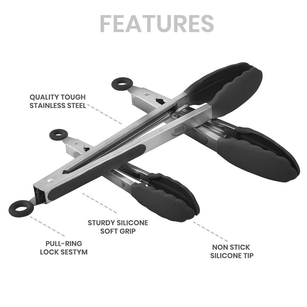Kaluns Non-Stick Silicone Tip Black Stainless-Steel Tongs and Spatula (Set of 4)