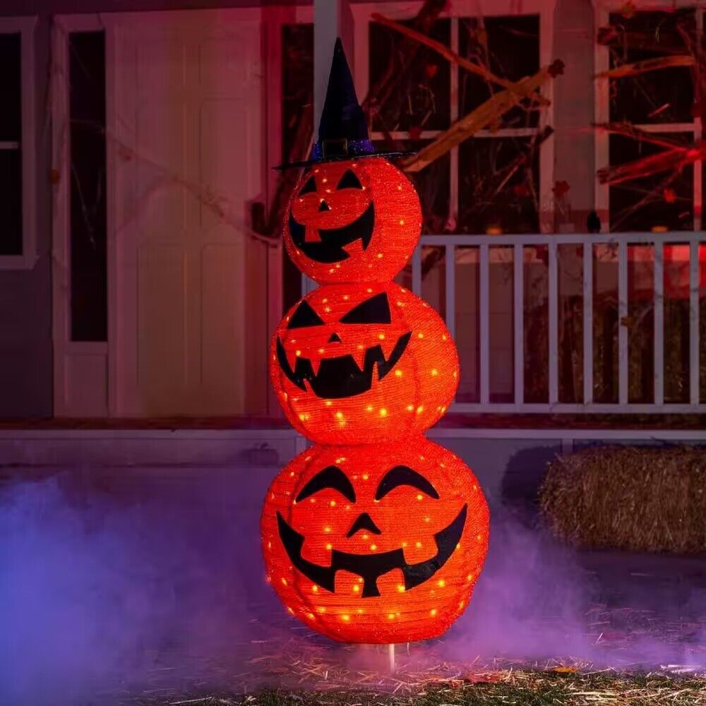 5 ft. Light Up LED Pumpkin Decoration Halloween Collapsible Tinsel Stacked 3-Head Warm Yard Lights for Pumpkin