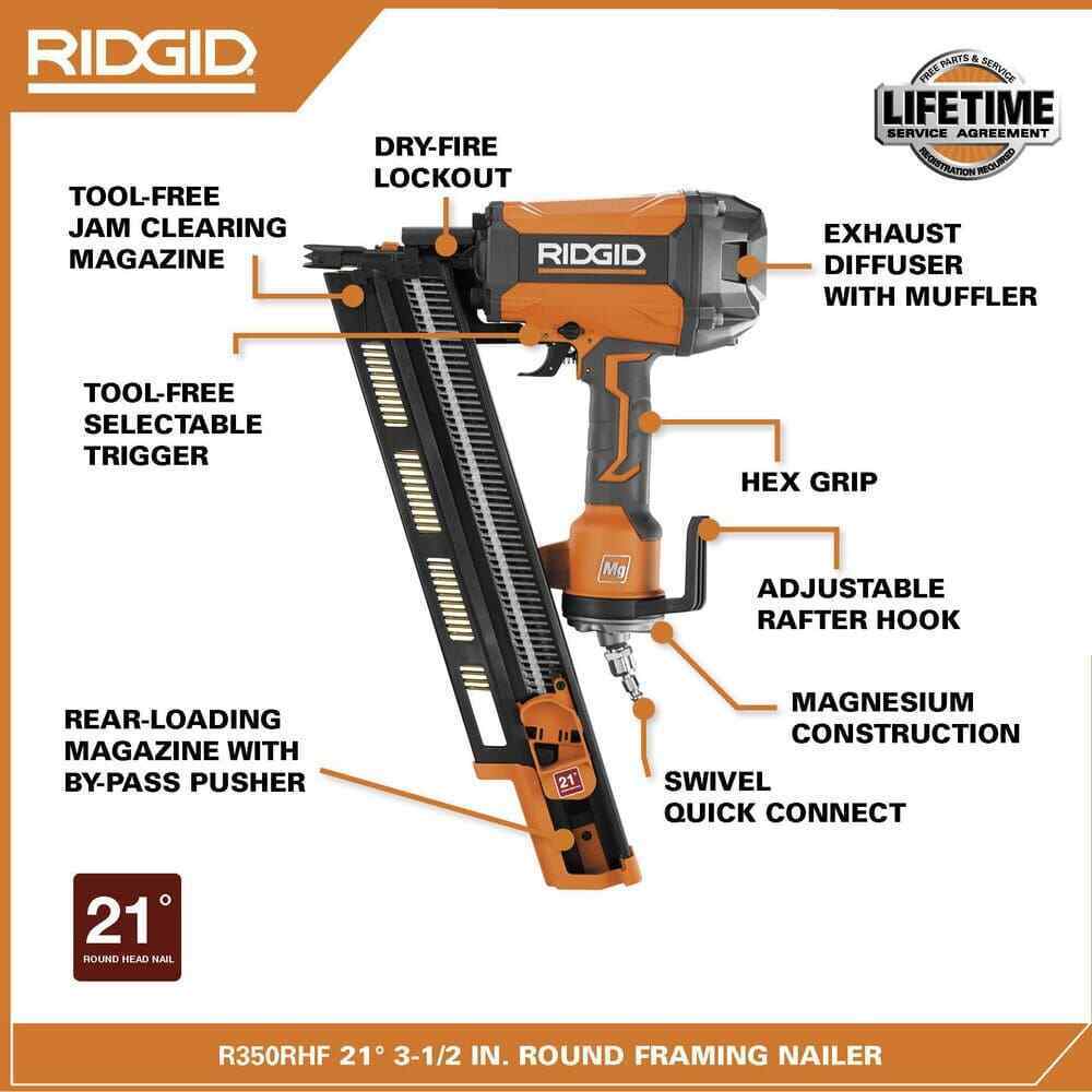 RIDGID Pneumatic 21-Degree 3-1/2 in. Round Head Framing Nailer