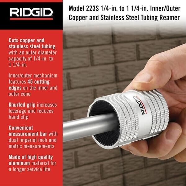 RIDGID 223S 1/4 in.-1-1/4 in. Inner/Outer Copper and Stainless Steel Tubing and Pipe Reamer, Tubing Tool for Multilayer Cutting