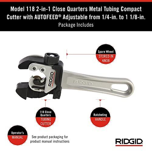 RIDGID 118 2-in-1 Close Quarters AUTOFEED 1/4 in.-1-1/8 in. Metal Tubing Compact Cutter,Tool with X-CEL Knob for Quick Cutting