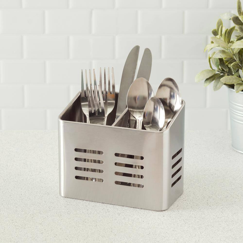 Home Basics Dual Compartment Silver Stainless Steel Flatware and Utensil Organizers