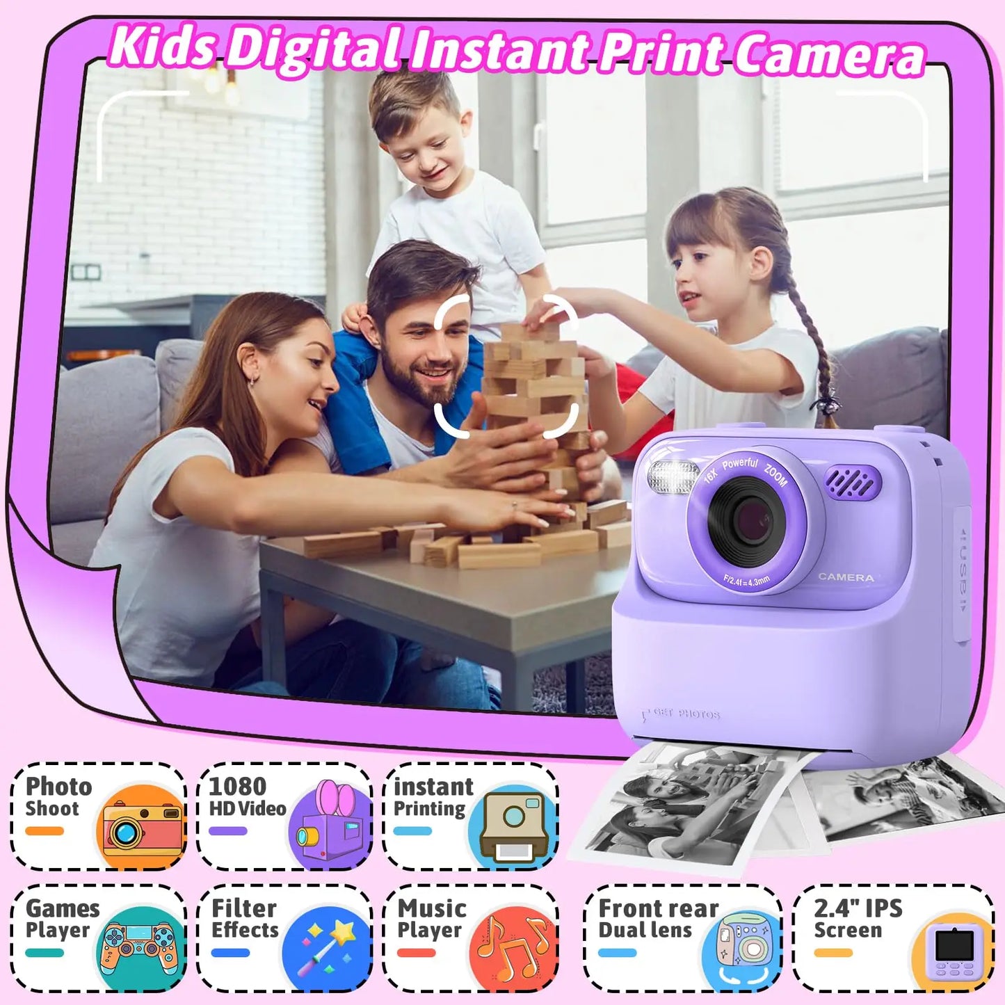 Kids Digital Camera 1080P Vedio Thermal Instant Print Camera with 32G for Girls Boys Age 3-12 Best Christmas Birthday Gifts