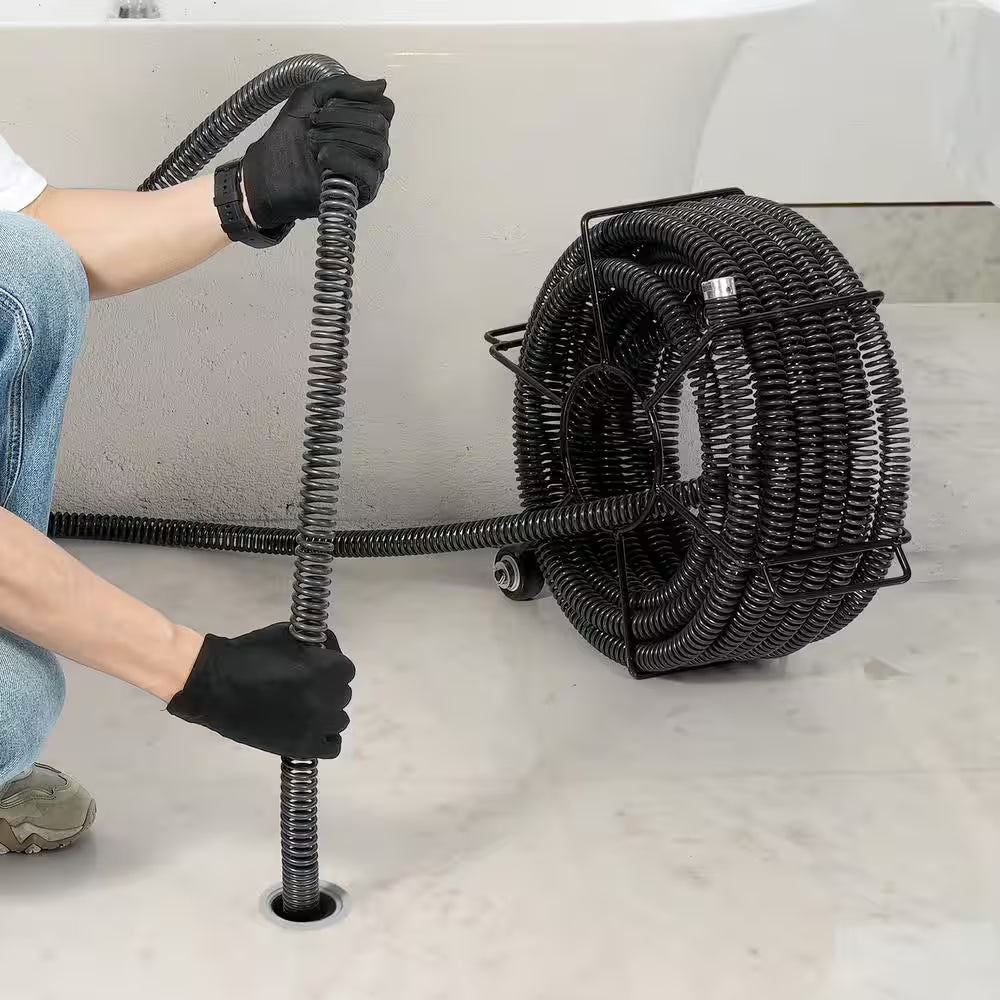 Drain Cleaning Cable 100 Ft. X 5/8 In. Sewer Drain Auger Cable Hollow Core with 7 Cutters for 0.8 In. to 3.9 In. Pipe
