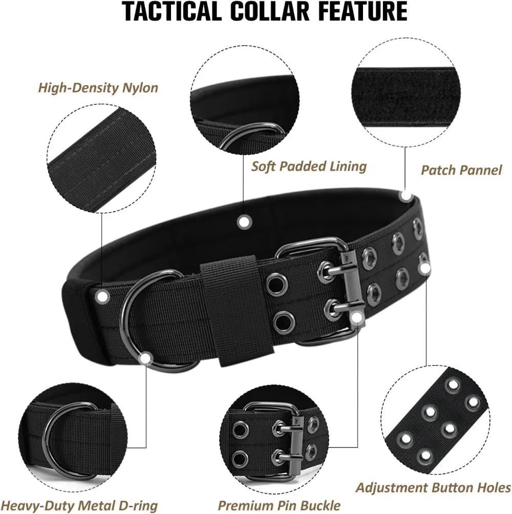 Military Dog Collar, Adjustable Nylon with Metal Buckle, Soft Padded, for Medium Large Dogs, Black M