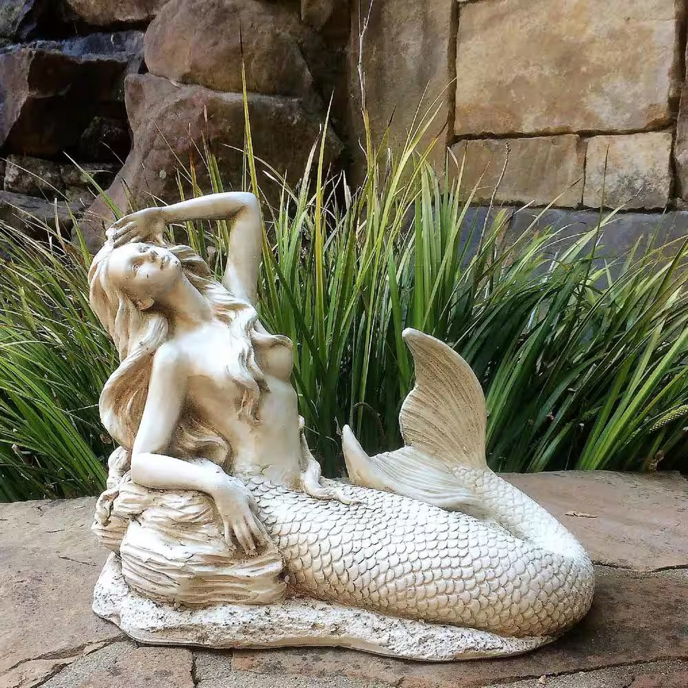 18 In. Sexy Merman and Mermaid on the Rocks Nautical Beach Statue Antique White