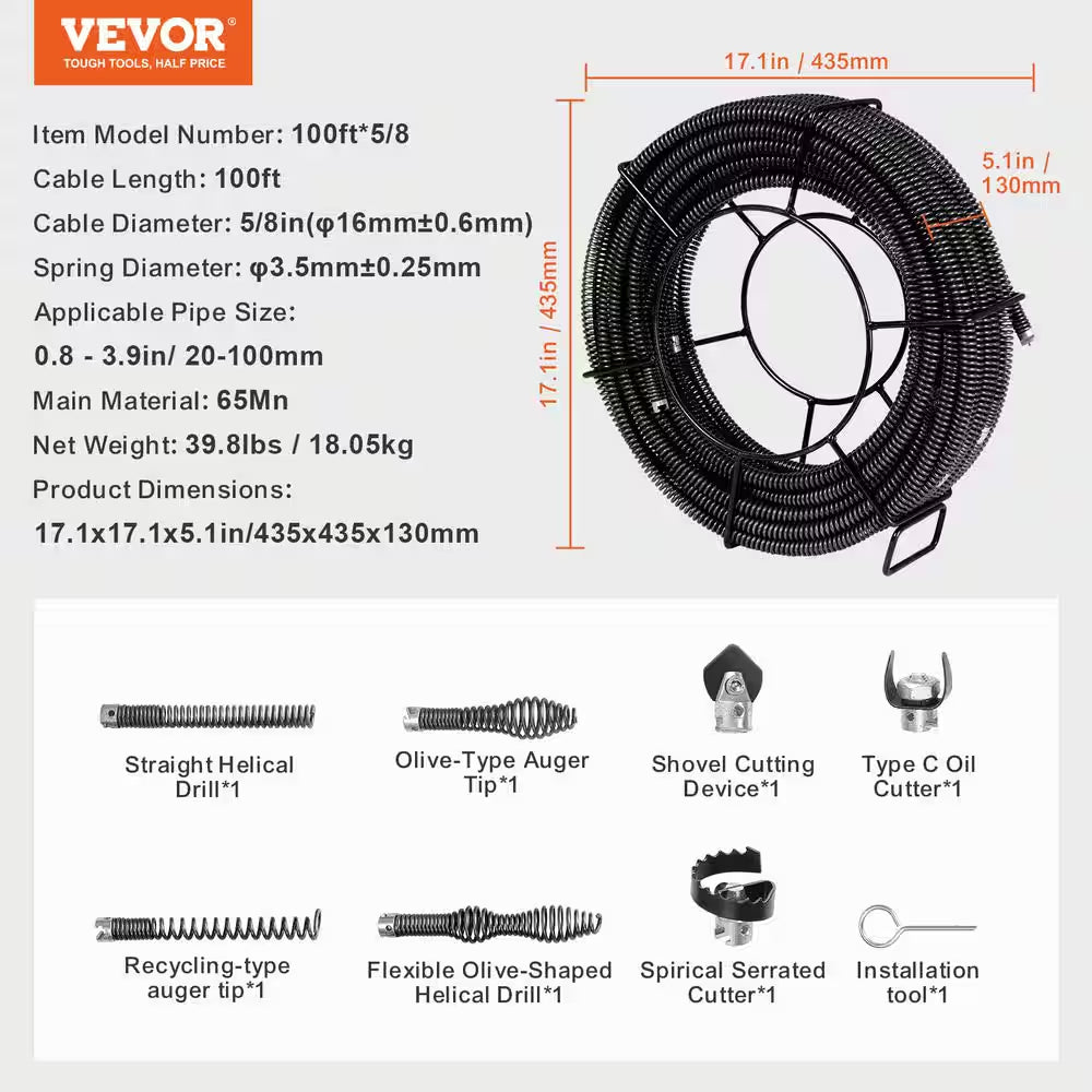Drain Cleaning Cable 100 Ft. X 5/8 In. Sewer Drain Auger Cable Hollow Core with 7 Cutters for 0.8 In. to 3.9 In. Pipe