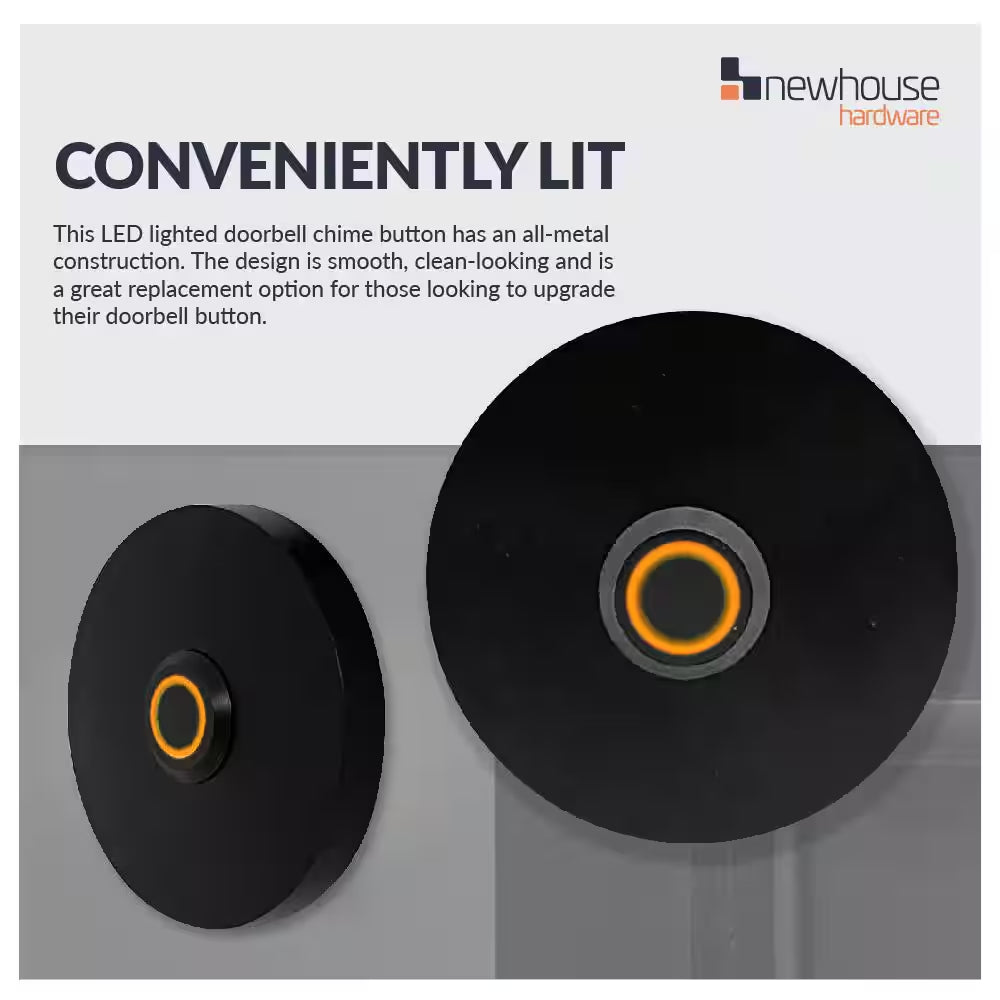 Wired Metal Circular Recessed Mount Doorbell Chime Push Button with LED Button Light in Black, Door Bell Button Only