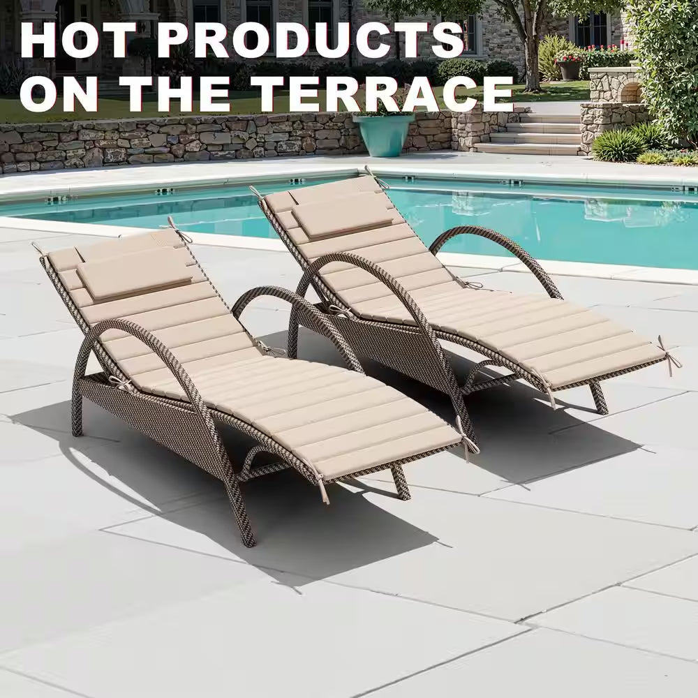 70.9 X 20.8 Inch 2 Pieces Beige Foldable Outdoor Chaise Lounge Cushion Fade Resistant Patio Cushion with Pillow and Ties