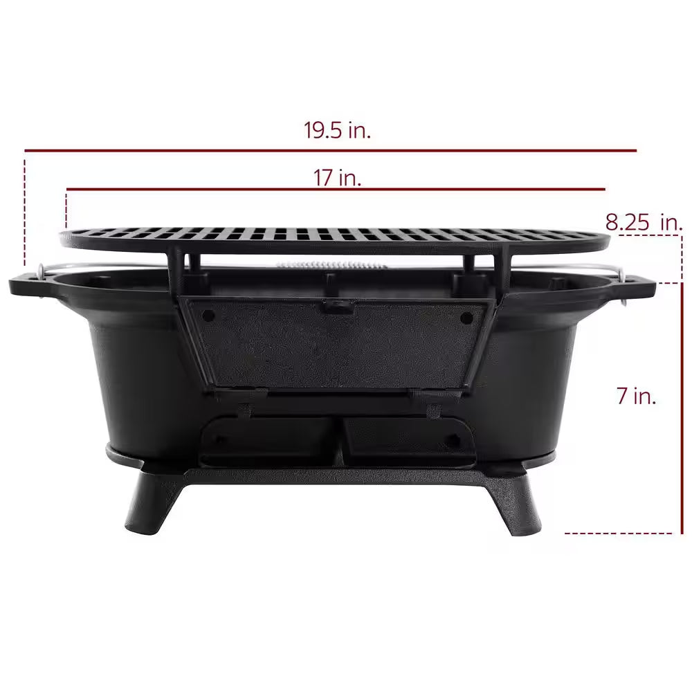 Oval Cast Iron Portable Hibachi Grill for Outdoor Use and Camping in Black