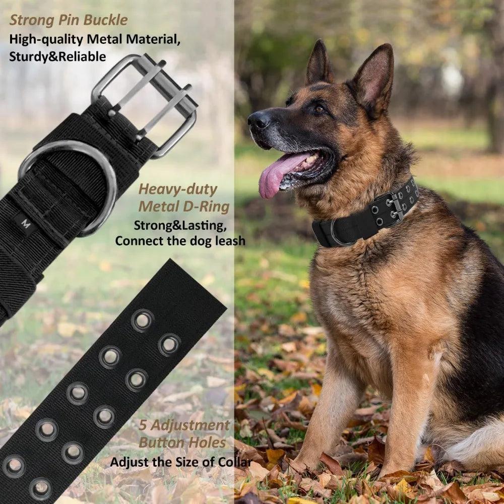 Military Dog Collar, Adjustable Nylon with Metal Buckle, Soft Padded, for Medium Large Dogs, Black M