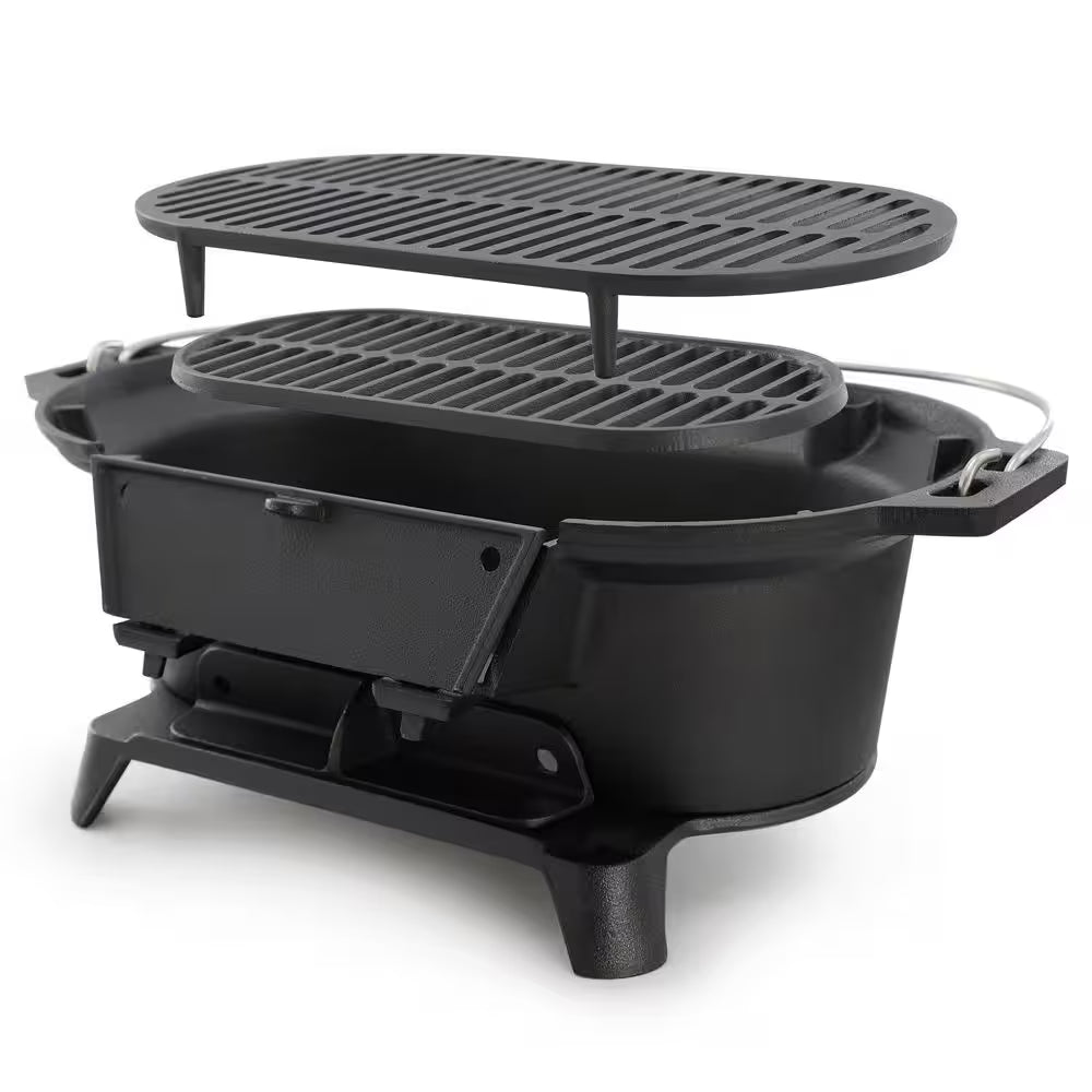 Oval Cast Iron Portable Hibachi Grill for Outdoor Use and Camping in Black