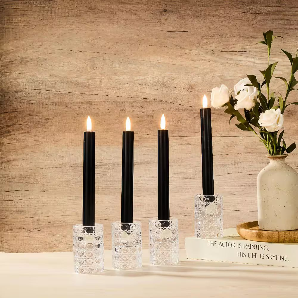 Black Battery Operated 3D Wick Flame Taper Candles (Set of 4)