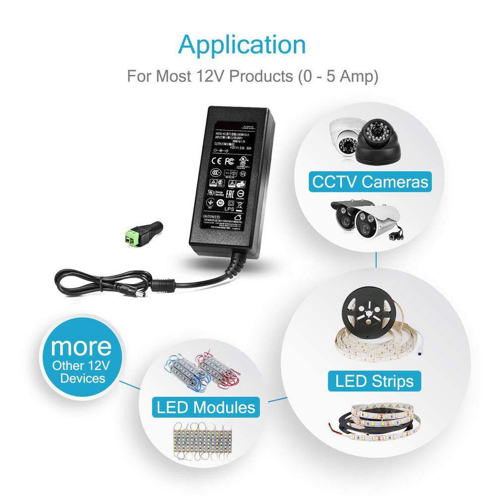 12V 5A 60W Power Supply AC DC Switching Adapter Wall Wart Converter Transformer 100-240V Input 12Vdc Output