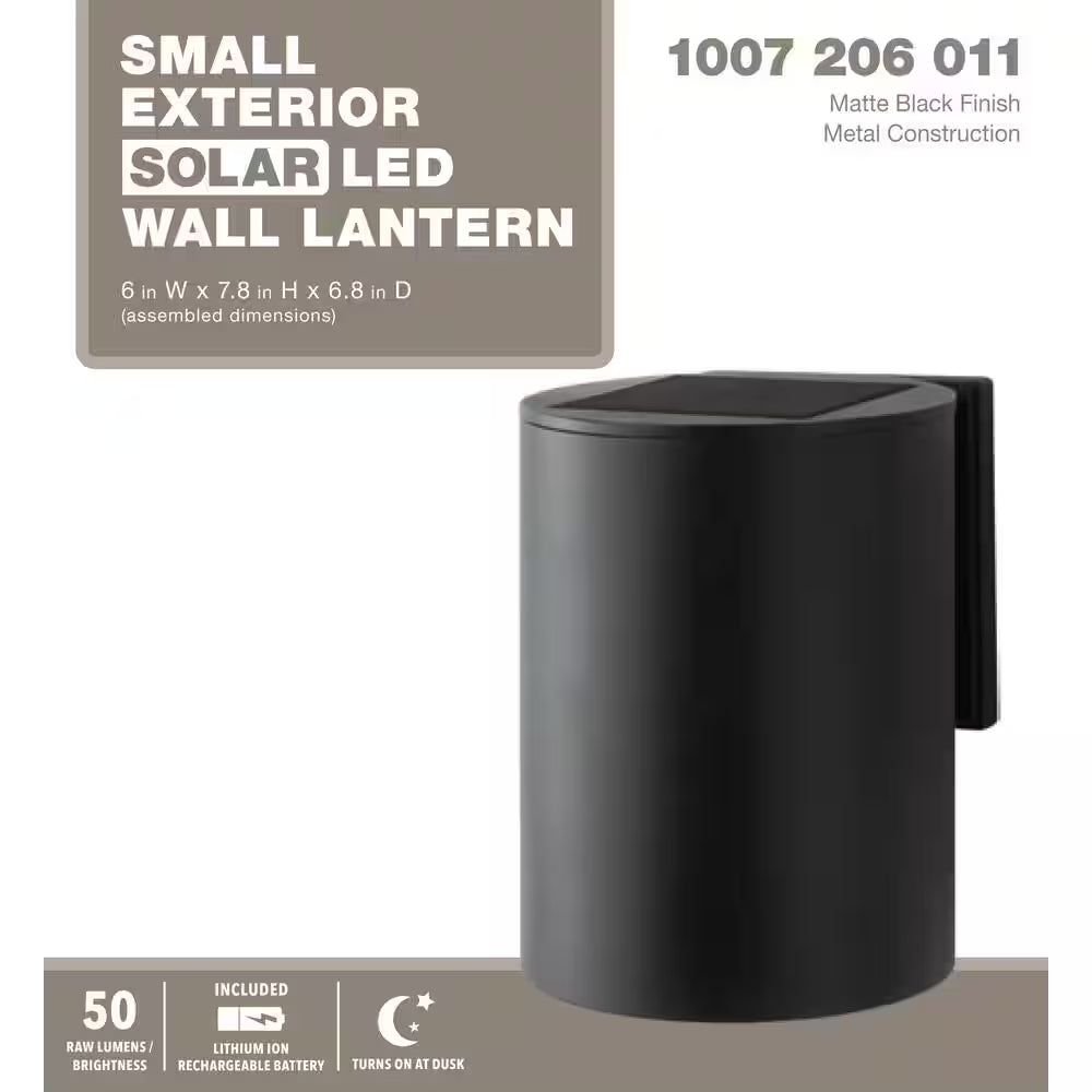 7.8 In. 1-Light Modern Black LED Solar Cylinder Outdoor Wall Light Sconce with Dark Sky Compliance