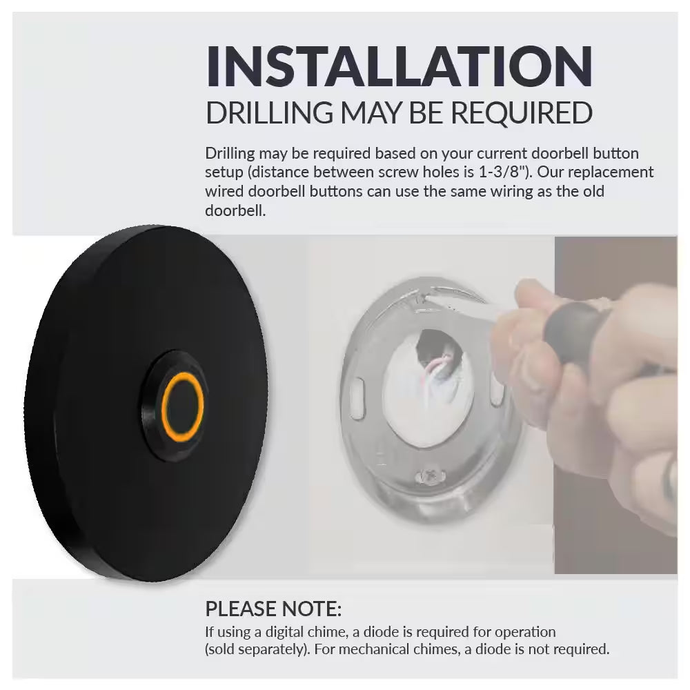 Wired Metal Circular Recessed Mount Doorbell Chime Push Button with LED Button Light in Black, Door Bell Button Only