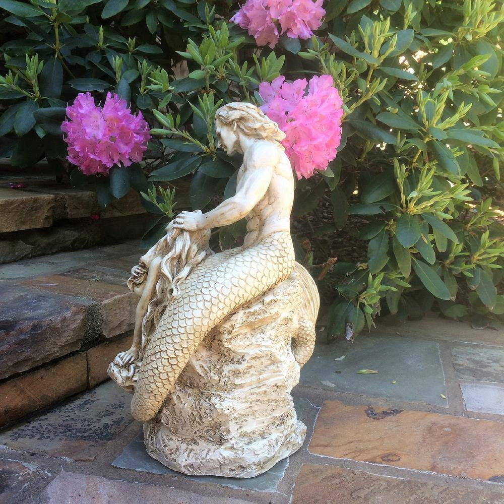 18 In. Sexy Merman and Mermaid on the Rocks Nautical Beach Statue Antique White