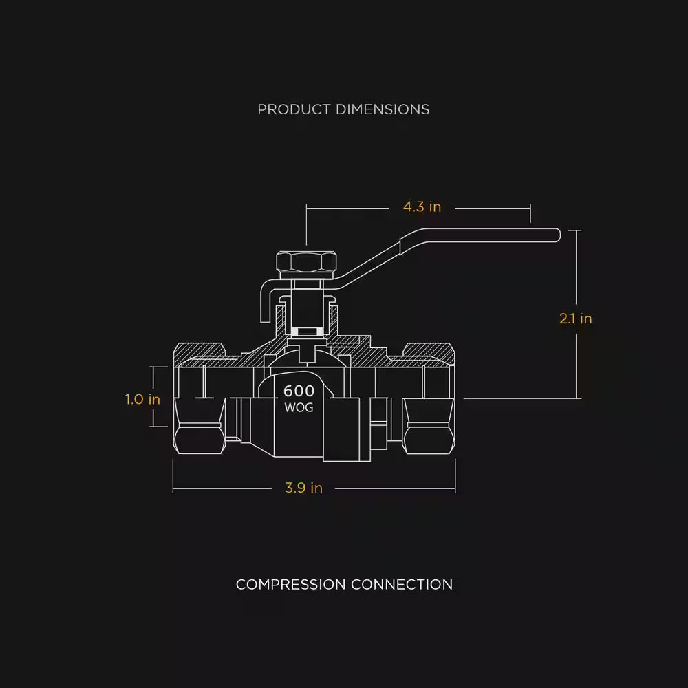 1 In. Premium Brass Full Port Ball Valve with Compression Connections