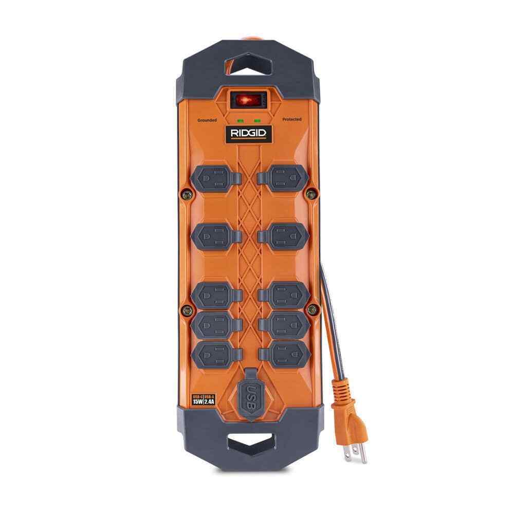 RIDGID  10 ft. Cord 10-Outlet, 2.4 Amp USB-A, 15-Watt USB-C, 4200J Surge Protector