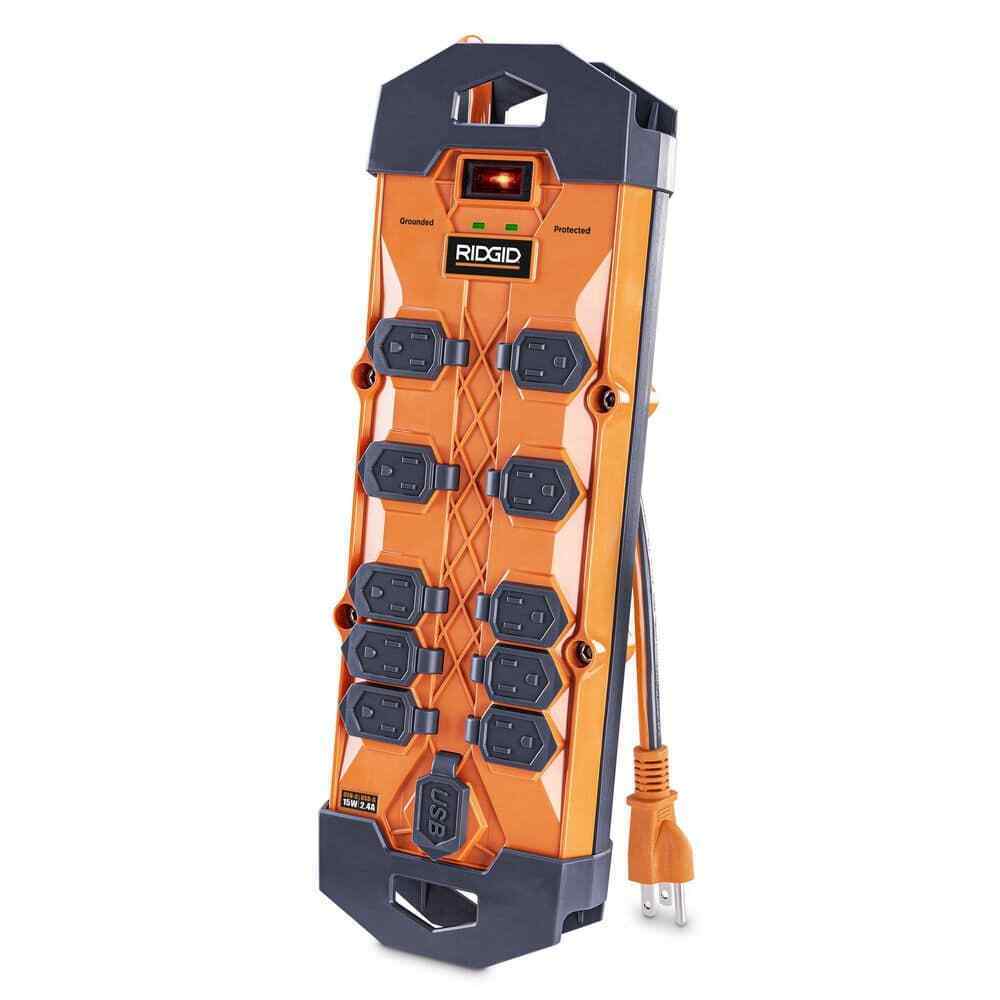 RIDGID  10 ft. Cord 10-Outlet, 2.4 Amp USB-A, 15-Watt USB-C, 4200J Surge Protector