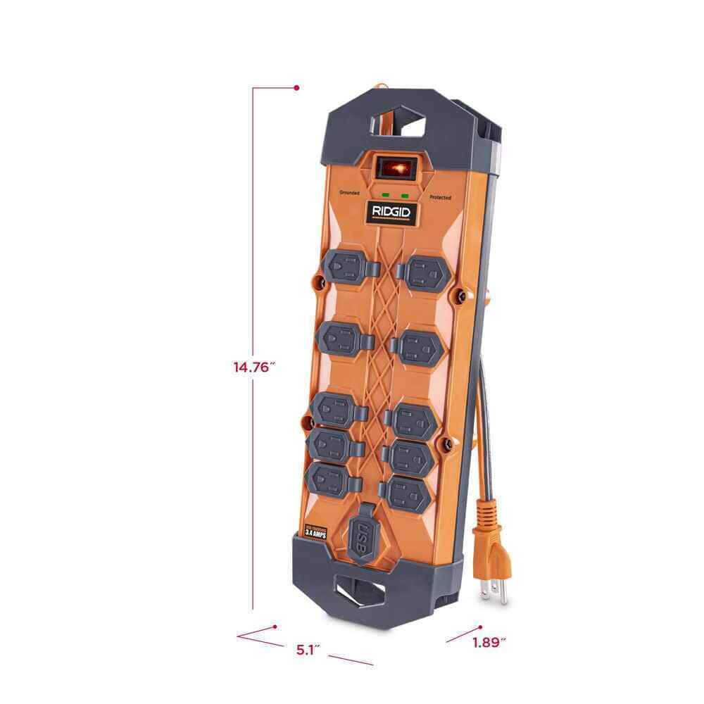 RIDGID  10 ft. Cord 10-Outlet, 2.4 Amp USB-A, 15-Watt USB-C, 4200J Surge Protector