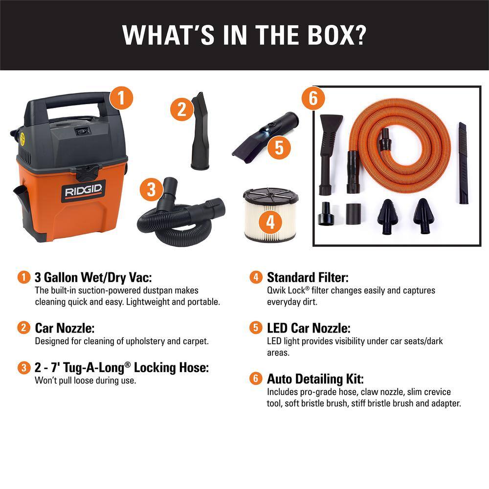 RIDGID 3 Gallon 3.5 Peak HP Portable Wet/Dry Shop Vacuum with Built in Dust Pan, LED Lighted Car Nozzle and Car Cleaning Kit