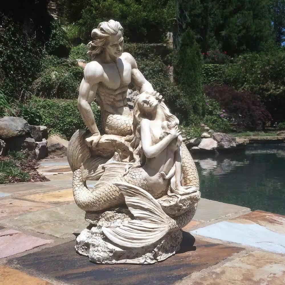 18 In. Sexy Merman and Mermaid on the Rocks Nautical Beach Statue Antique White
