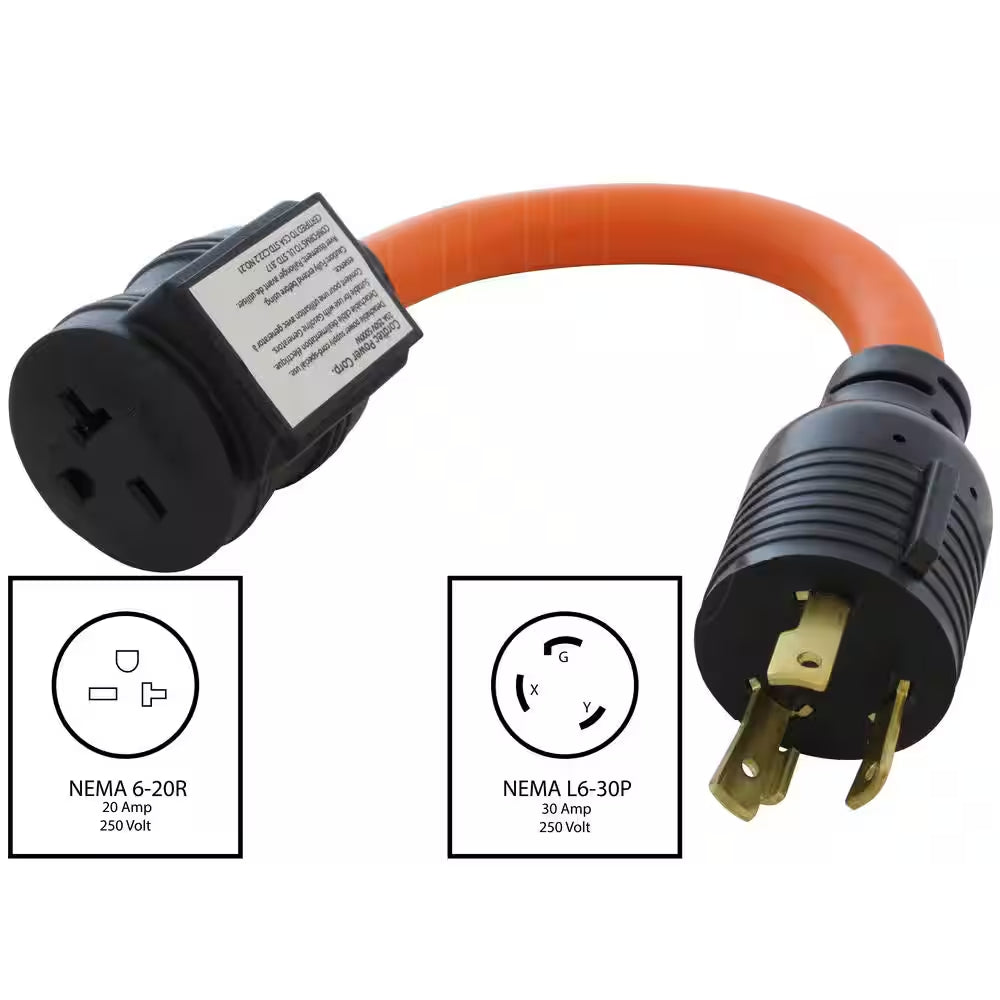 1.5 Ft. 30 Amp 3-Prong L6-30P Locking Plug to 6-15/20 Outlet with 20 Amp Breaker