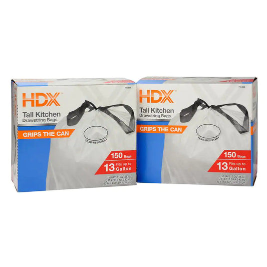 HDX 13 Gal. White Drawstring Kitchen Trash Bags (150 Count), (Pack of 2)