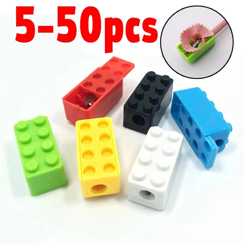 5/50Pcs Cartoon Plastic Building Blocks Pencil Sharpener for Children Office School Supplies Student Stationery Random Selection