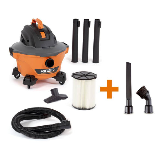 RIDGID 6 Gallon 3.5 Peak HP NXT Wet/Dry Shop Vacuum with Filter, Hose, Wands, Utility Nozzle, Crevice Tool and Dusting Brush