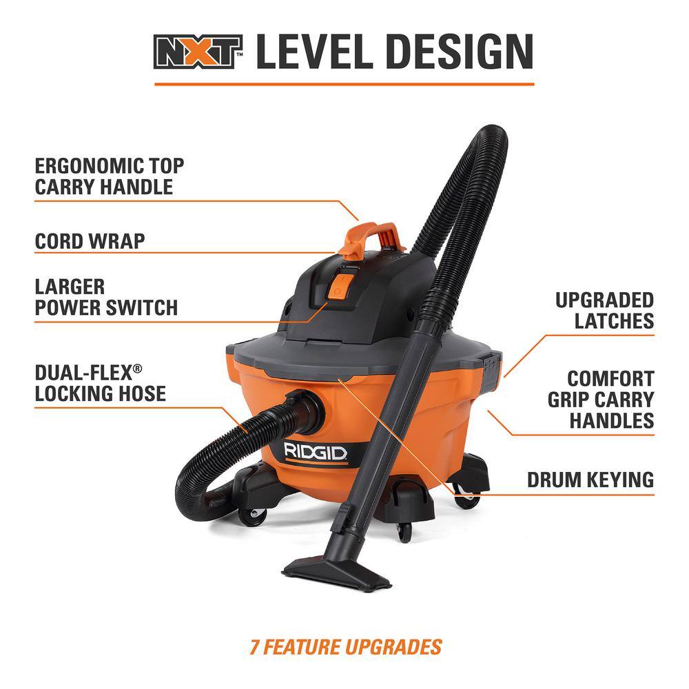 RIDGID 6 Gallon 3.5 Peak HP NXT Wet/Dry Shop Vacuum with Filter, Hose, Wands, Utility Nozzle, Crevice Tool and Dusting Brush