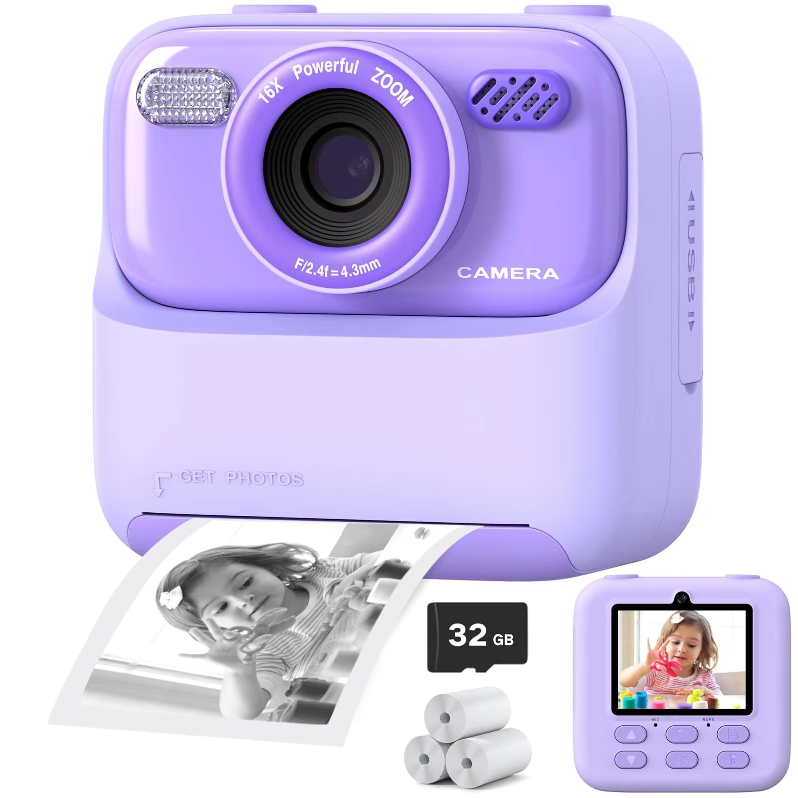 Kids Digital Camera 1080P Vedio Thermal Instant Print Camera with 32G for Girls Boys Age 3-12 Best Christmas Birthday Gifts