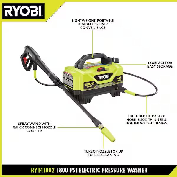 Ryobi 1800 psi 1 2 gpm cold water corded electric pressure washer