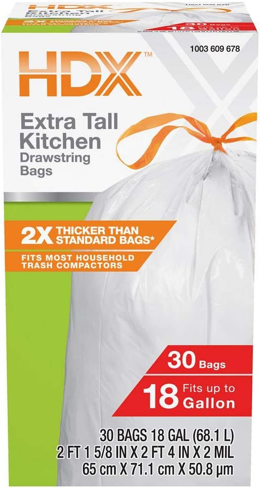 HDX 18 Gal. White Extra Tall Kitchen Drawstring Trash Bags (30-Count) - For Home, Kitchen, & Office