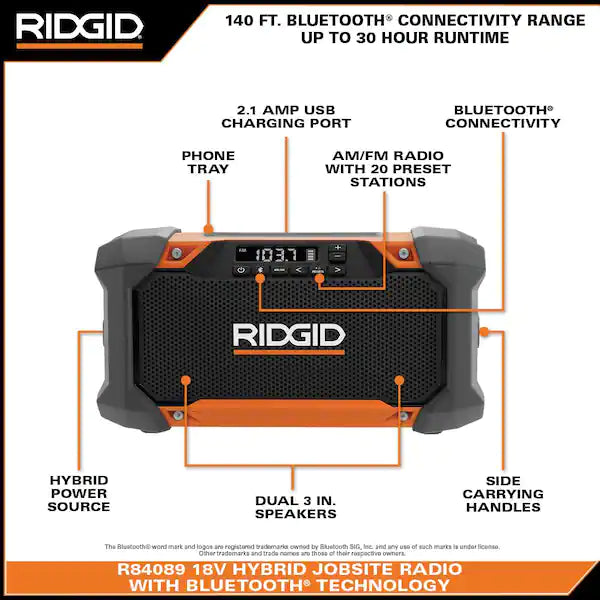 RIDGID  18V Hybrid Jobsite Radio with Bluetooth Technology (Tool Only)