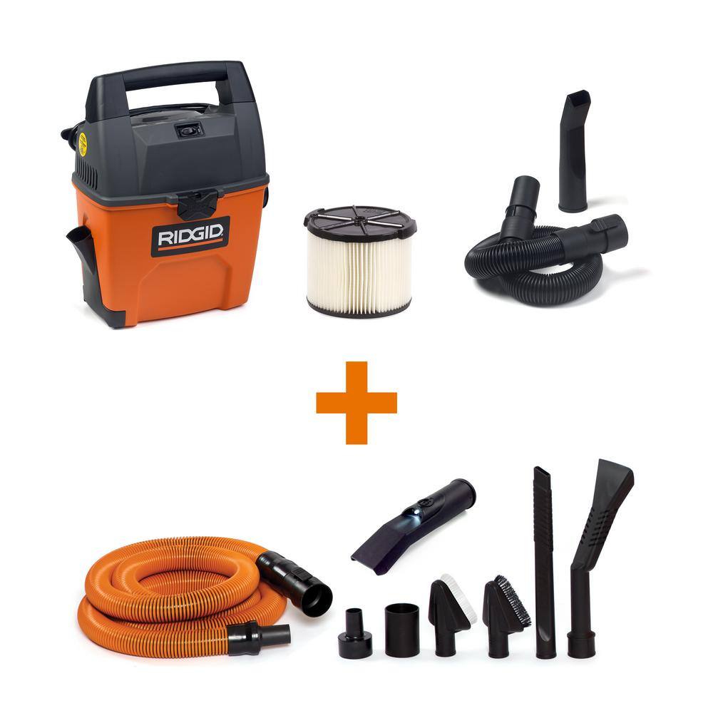 RIDGID 3 Gallon 3.5 Peak HP Portable Wet/Dry Shop Vacuum with Built in Dust Pan, LED Lighted Car Nozzle and Car Cleaning Kit